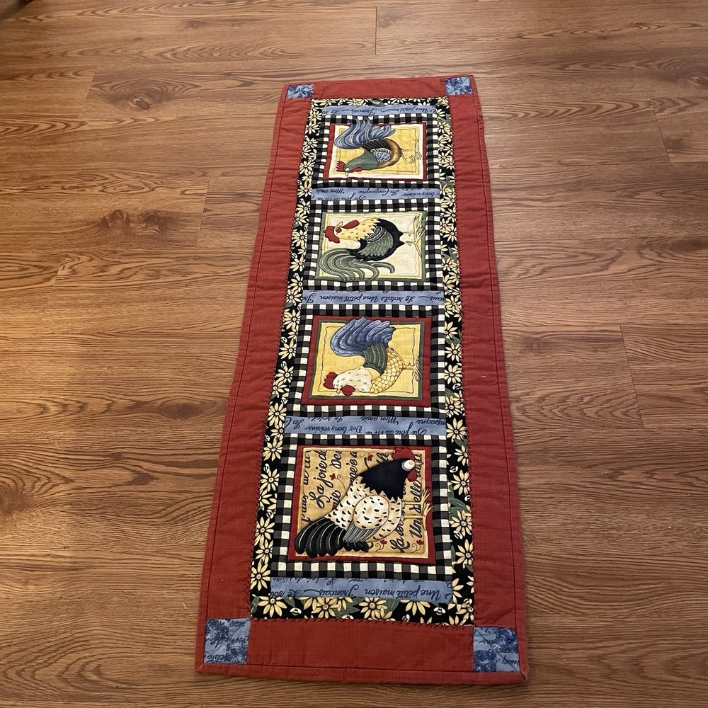 Handmade Quilted Table Runner - French Country Rooster & Chicken Farmhouse Decor